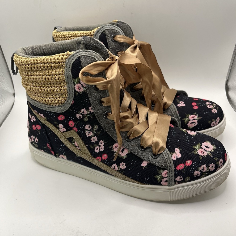 Poppy Women's 8 Sneakers HighTop Black Floral Gold Ribbon Laces Crocheted Accent